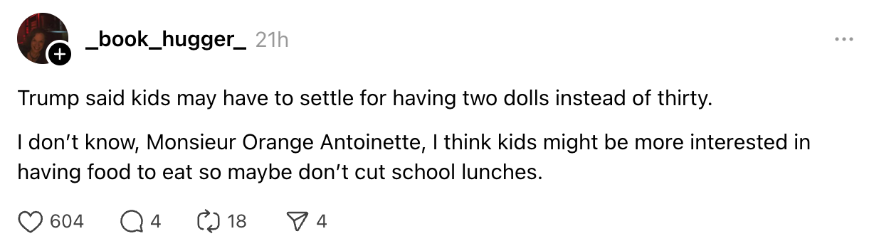 Social media user critiques Trump's comment on doll quantity, suggesting focus on preventing cuts to school lunch programs for children's welfare