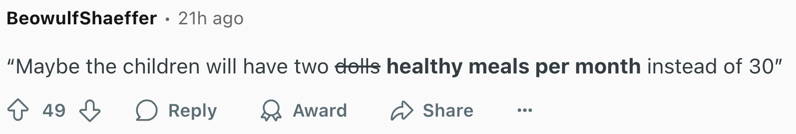 “Maybe the children will have two healthy meals per month instead of 30”