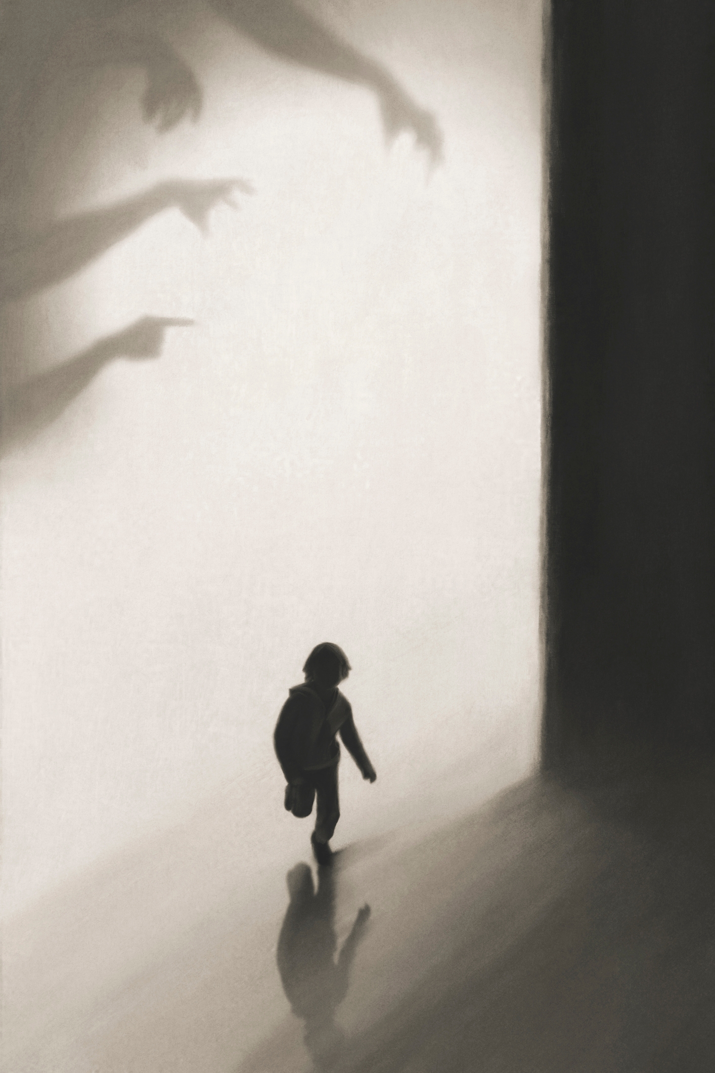Child walking towards light, surrounded by shadowy hands pointing and reaching. The scene suggests themes of guidance and influence in parenting