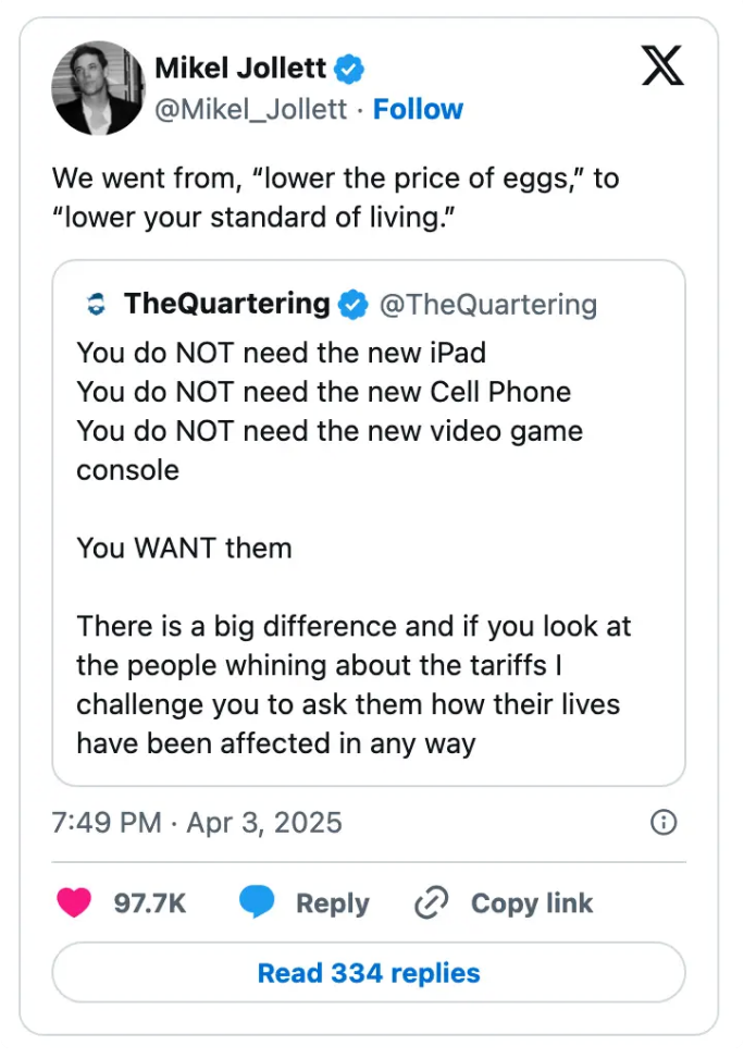 Tweet by Mikel Jollett highlighting a shift from focusing on lowering prices to lowering living standards, with a quoted tweet on consumer wants vs. needs