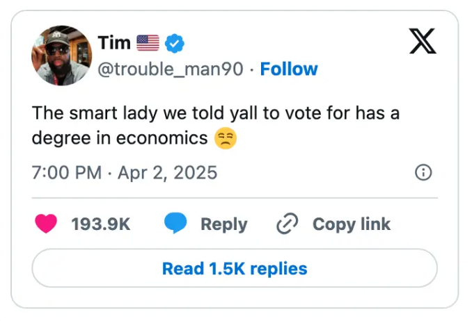 Tweet by user &quot;Tim&quot; expressing admiration for a woman with an economics degree, suggesting voting for her, with a thoughtful emoji