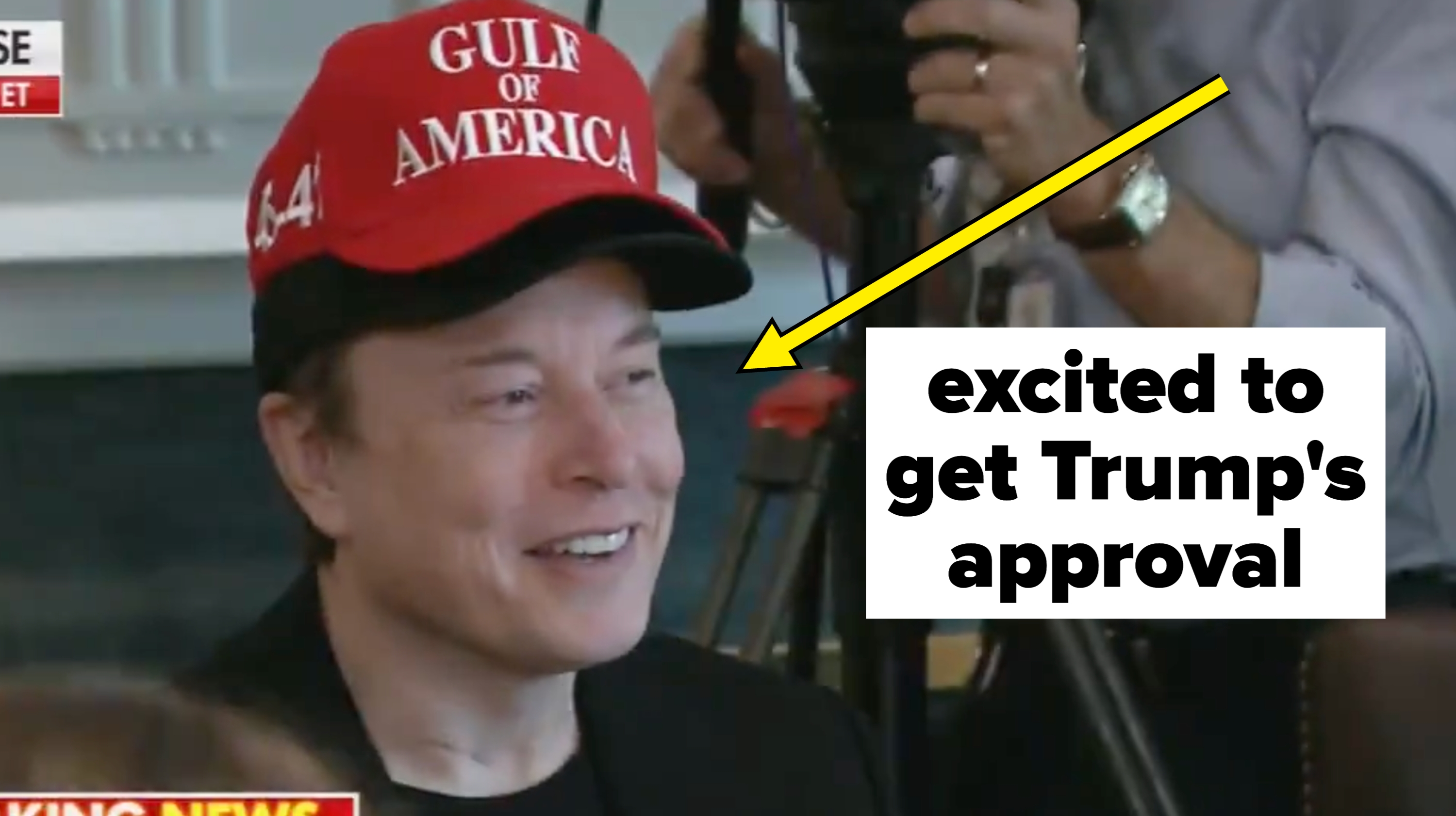 Person wearing a "Gulf of America" hat smiles at a meeting recorded by news media. "Trump cabinet weighs in on first 100 days of term" appears on screen