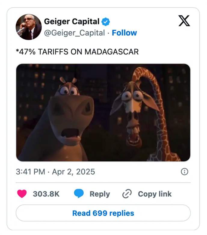 Tweet mimicking a news headline with animated hippo and giraffe from a film looking surprised. Text reads: &quot;47% Tariffs on Madagascar.&quot;