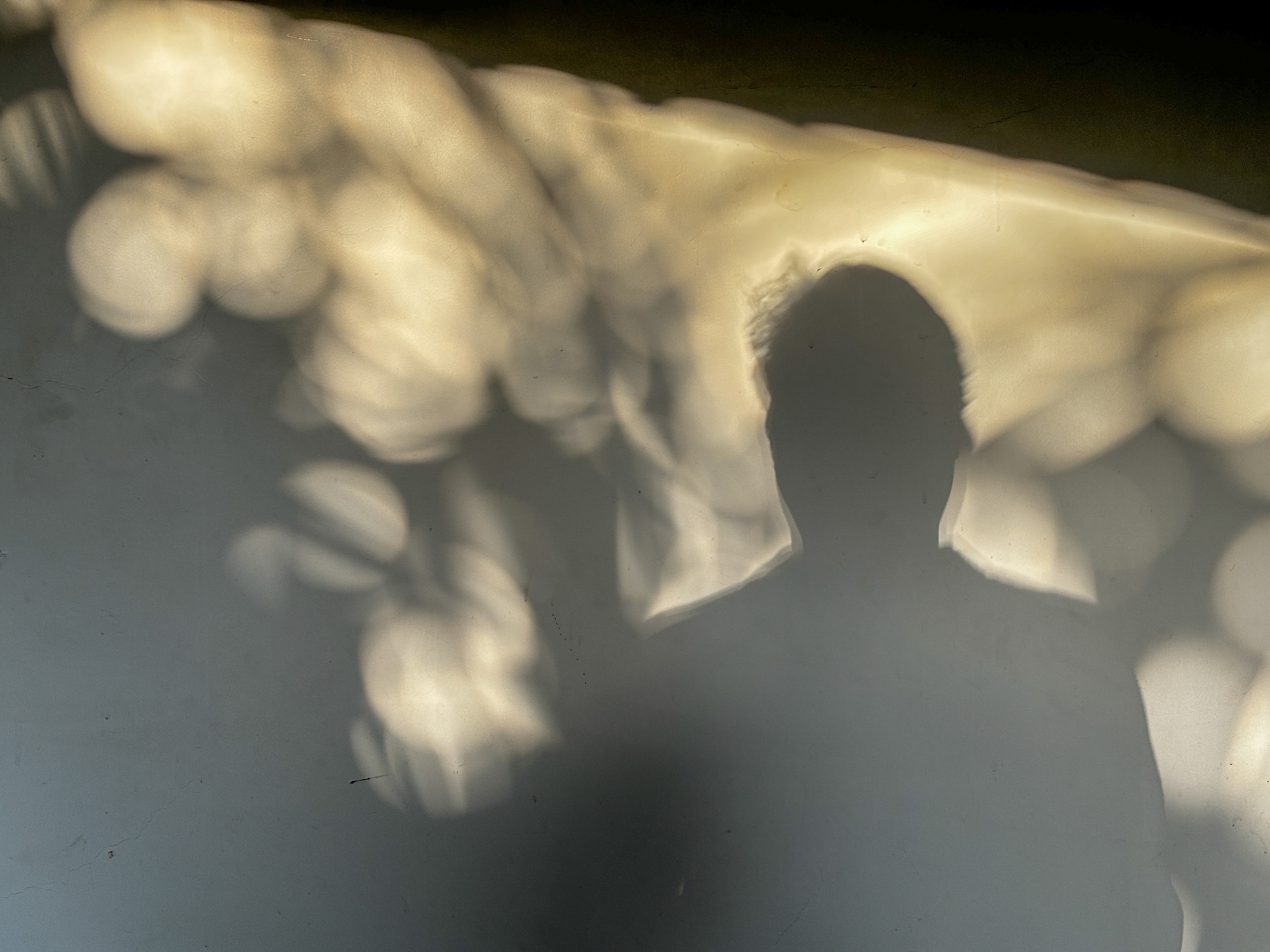 A silhouette of a person is cast on a wall with abstract, blurred light patterns surrounding the shadow