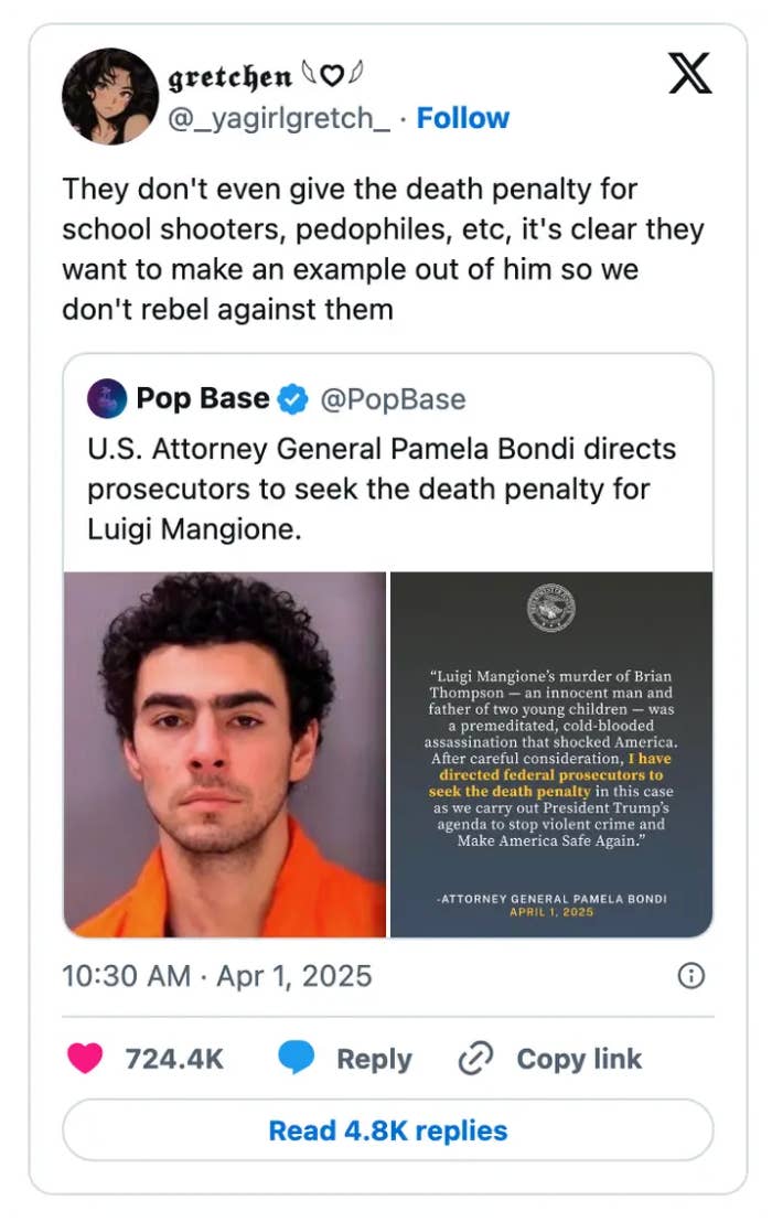Screenshot of a social media post criticizing a news headline about Attorney General Pamela Bondi seeking the death penalty for Luigi Mangione