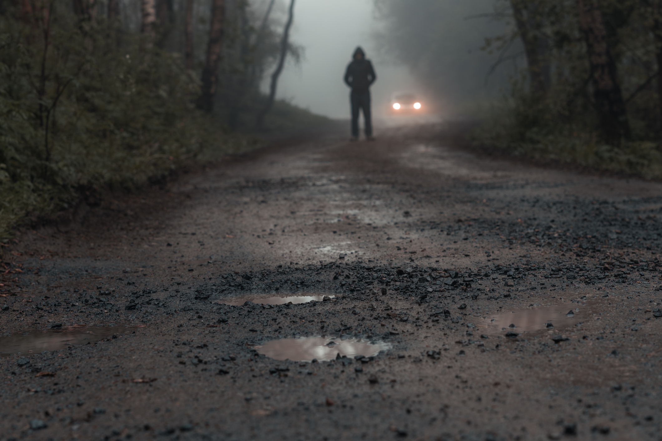 Person standing on a foggy, wooded road with distant car headlights in the background