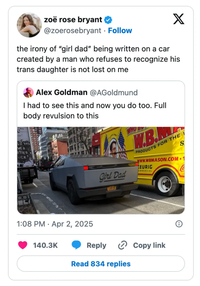 Tweet exchange showing a wrapped car with &quot;Girl Dad&quot; text. Commentators criticize the irony due to the driver's views on his transgender daughter