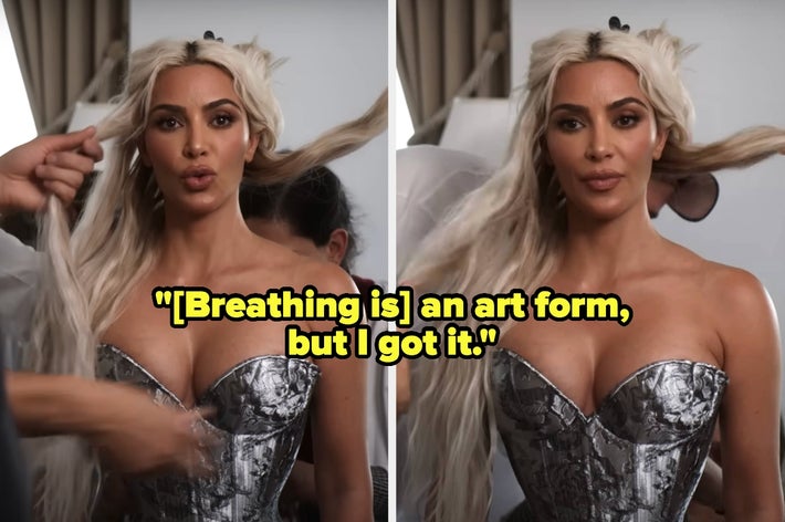 Kim Kardashian practicing breathing in a metal corset, quote: &ldquo;[Breathing is] an art form, but I got it&rdquo;