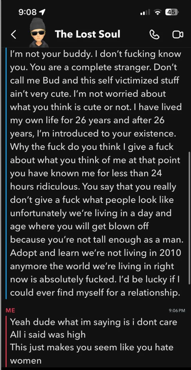 A text message exchange shows one person expressing anger, asserting adult independence, and another responding that the message seems overly harsh