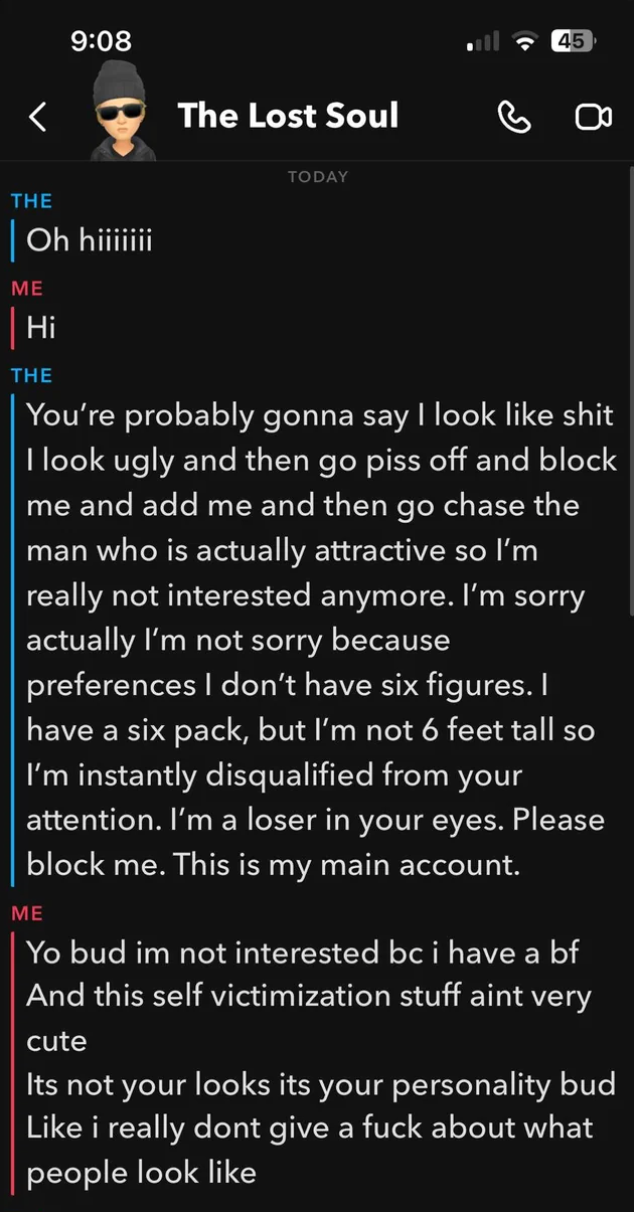 Screenshot of a text conversation discussing appearance, self-image, and relationship expectations