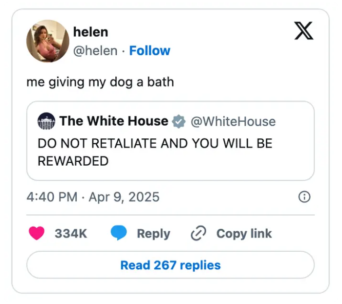 Social media post showing a person humorously comparing giving their dog a bath to a stern message about not retaliating