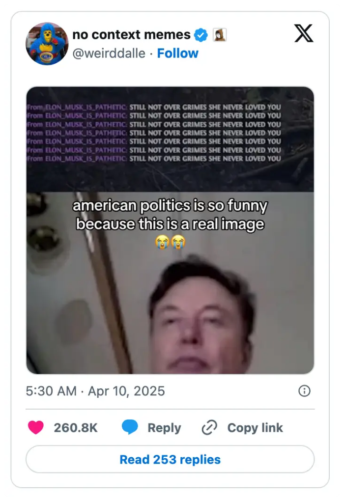 Man's face near text jokes about a breakup, repeatedly saying he is not over someone, followed by a humorous comment on political memes