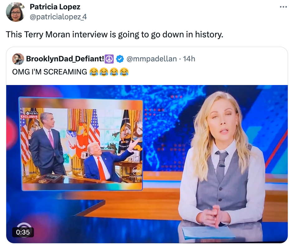 News anchor sits at a desk with a screen behind showing a TV interview scene. Tweet overlay with emojis and captions: &quot;OMG I'M SCREAMING&quot; and comment above