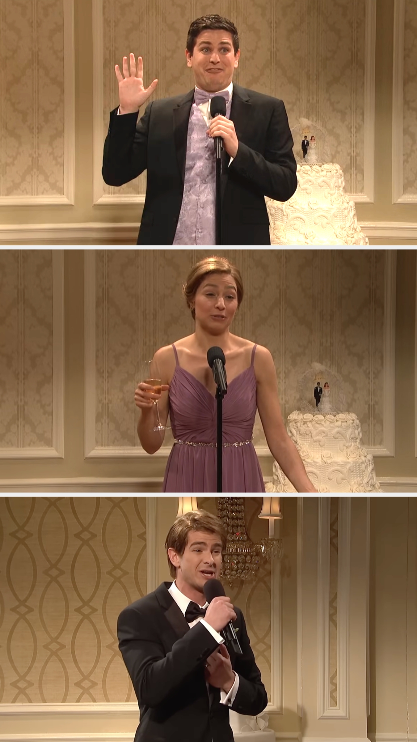 Three people delivering speeches at a wedding, each standing at a microphone in formal attire: a man in a tuxedo, a woman in a dress, and another man in a tuxedo