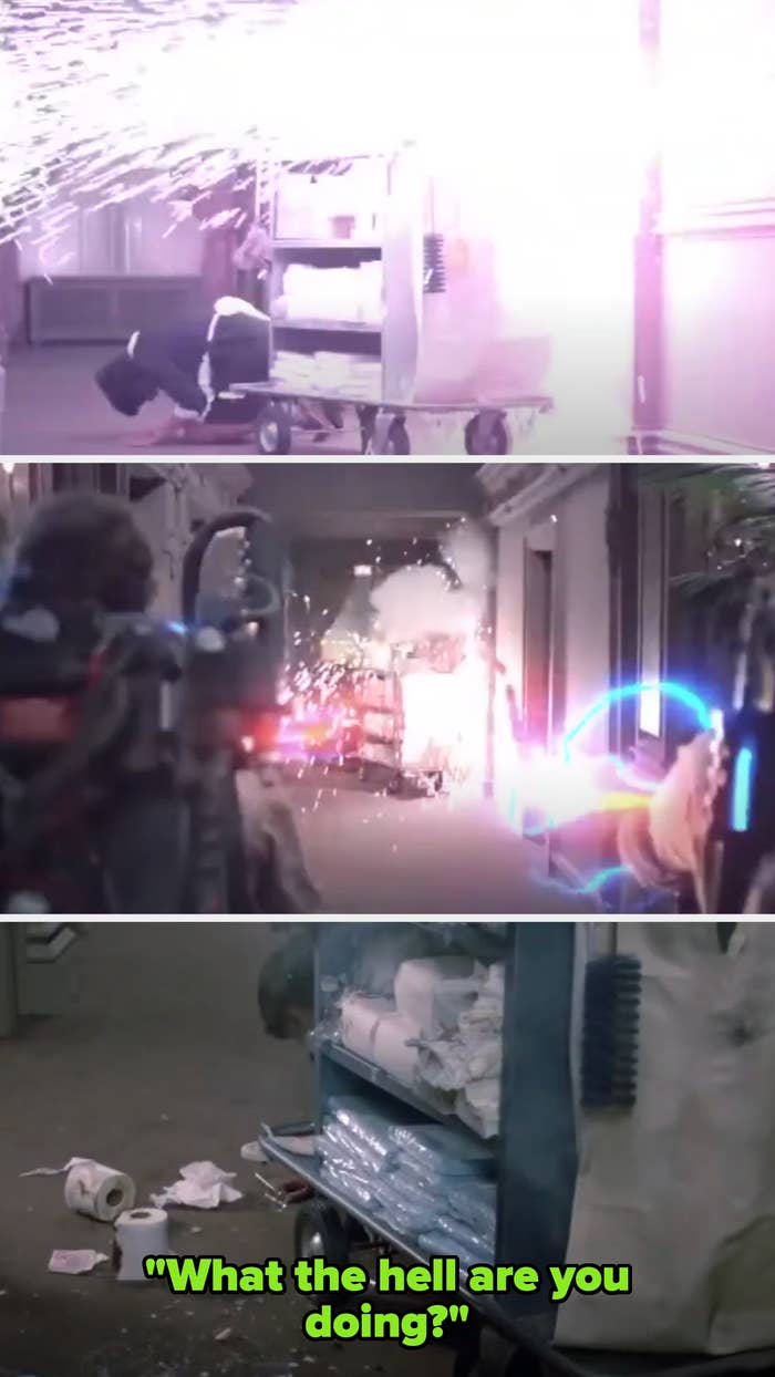 A cart with supplies being hit by electricity from Ghostbusters. Maid hides behind cart and demands, 