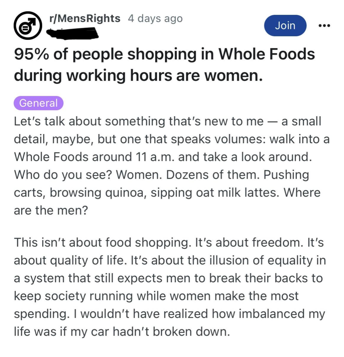 Online post discusses women predominantly shopping at Whole Foods during work hours, highlighting societal expectations and gender roles