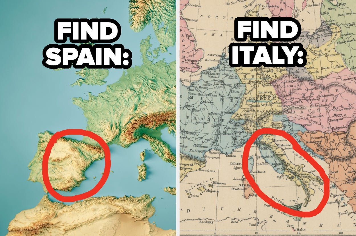 Split image of two maps: The left highlights Spain, and the right shows Italy. Large text over each side says "FIND SPAIN" and "FIND ITALY."
