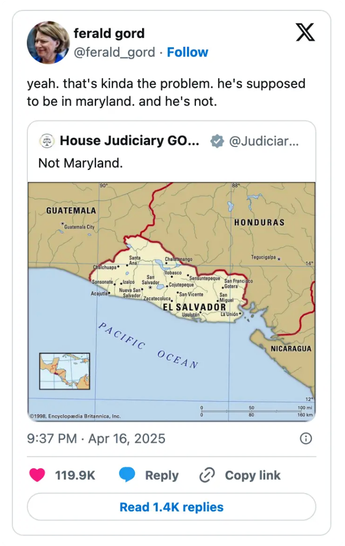 Social media post showing a map mistakenly labeling El Salvador as &quot;Maryland&quot;. A user notes the error, emphasizing the geographic mistake