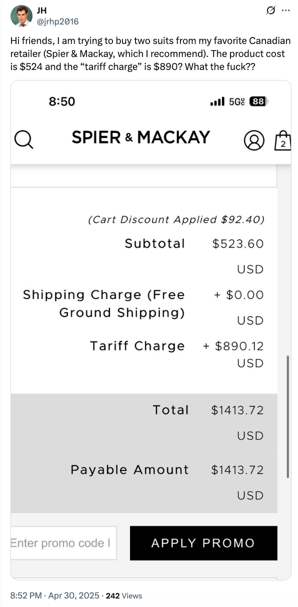 Summary: A user shares a screenshot of a purchase from Spier & Mackay with a subtotal of $523.60. The "tariff charge" is $890, leading to a total of $1413.72
