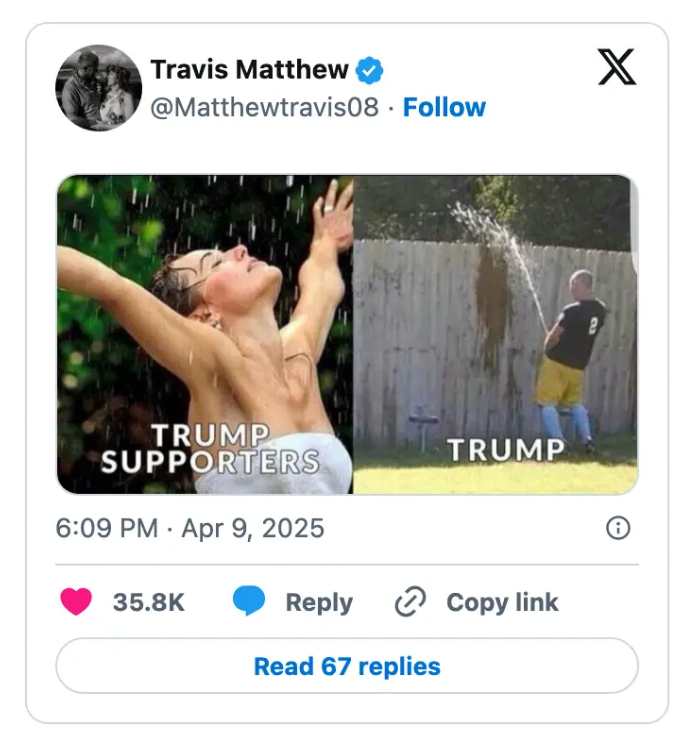 Spoof tweet with two-panel meme: left shows joyous person labeled &quot;Trump Supporters&quot;; right shows person with hose labeled &quot;Trump&quot;, spraying water