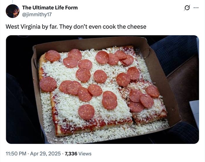 Unbaked pizza with uncooked cheese and pepperoni in a box, accompanied by a humorous tweet about its preparation in West Virginia