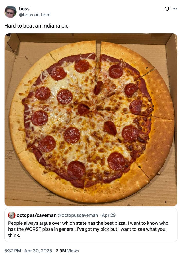 A pepperoni pizza in a box with a tweet overlay discussing which U.S. state has the worst pizza