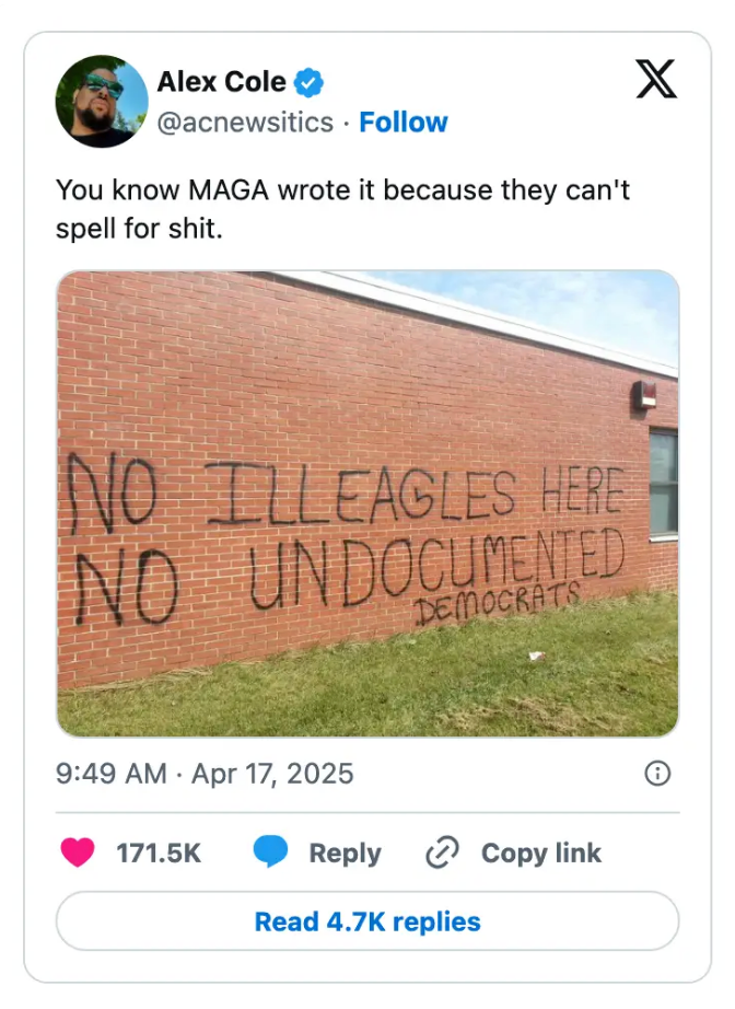 Tweet showing graffiti on a brick wall: &quot;NO ILLEAGLES HERE NO UNDOCUMENTED DEMOCRATS.&quot; Tweet mocks spelling errors