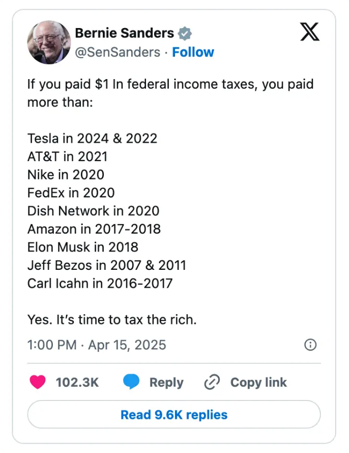 Summary of an image tweet: Lists billionaires and corporations with years they paid minimal taxes, ending with the statement, &quot;Yes. It’s time to tax the rich.&quot;