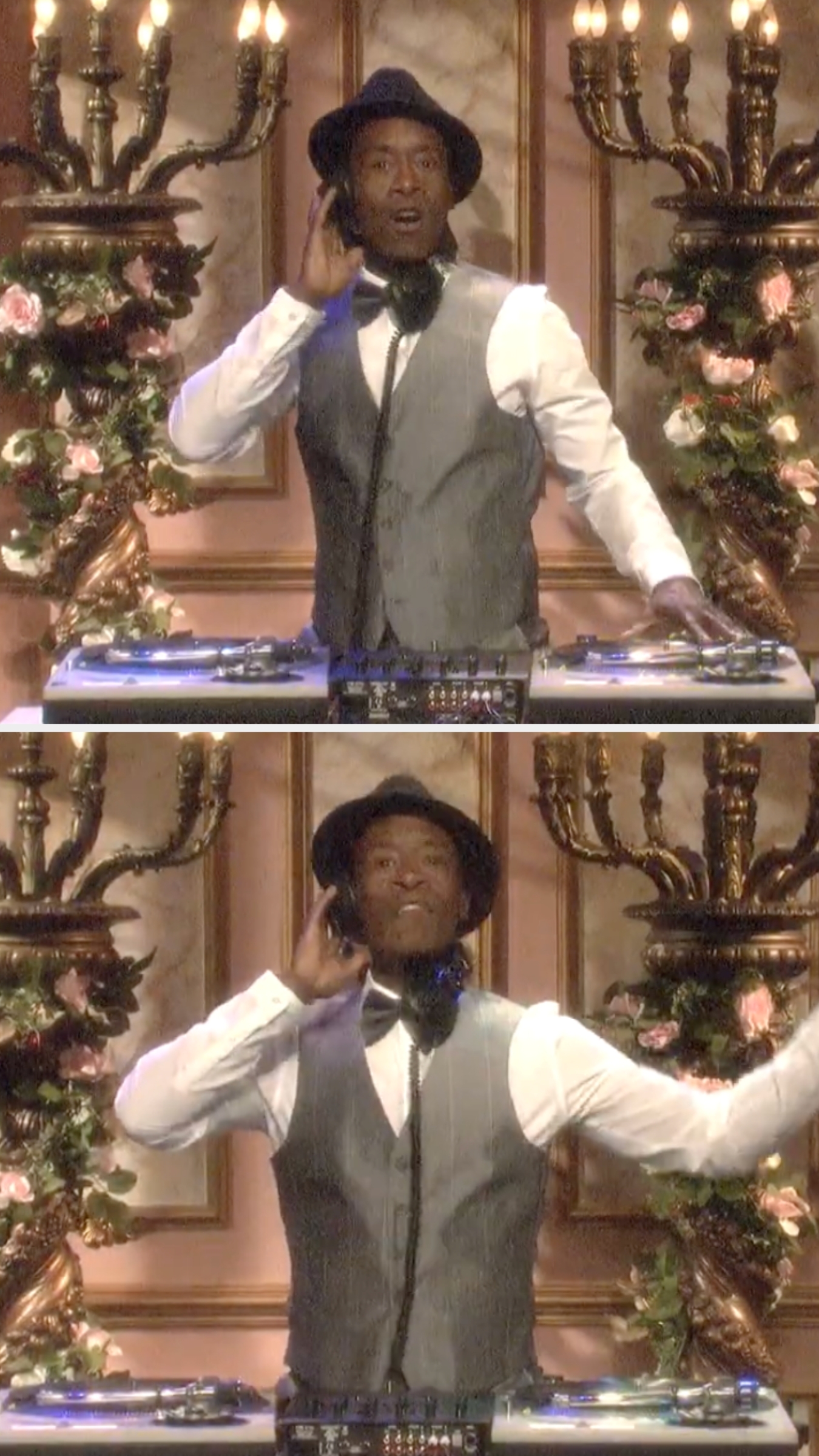 DJ in a suit, vest, and hat performing at an elegant wedding reception, with floral decor and candelabras in the background