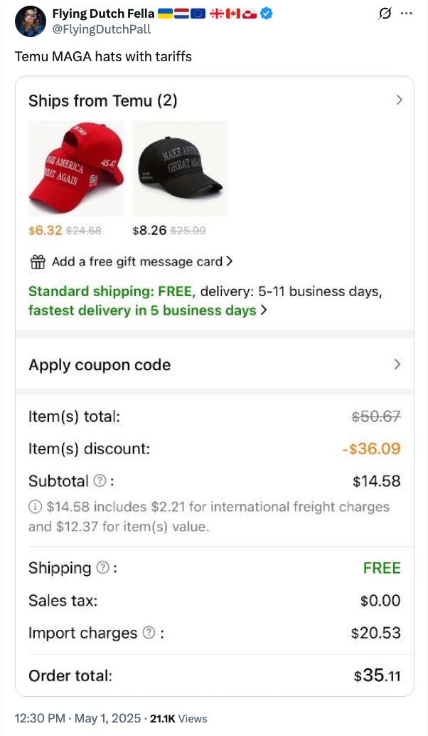 Screenshot of a tweet showing a purchase summary for two "Make America Great Again" hats from Temu, totaling $35.11 after discounts and tariffs