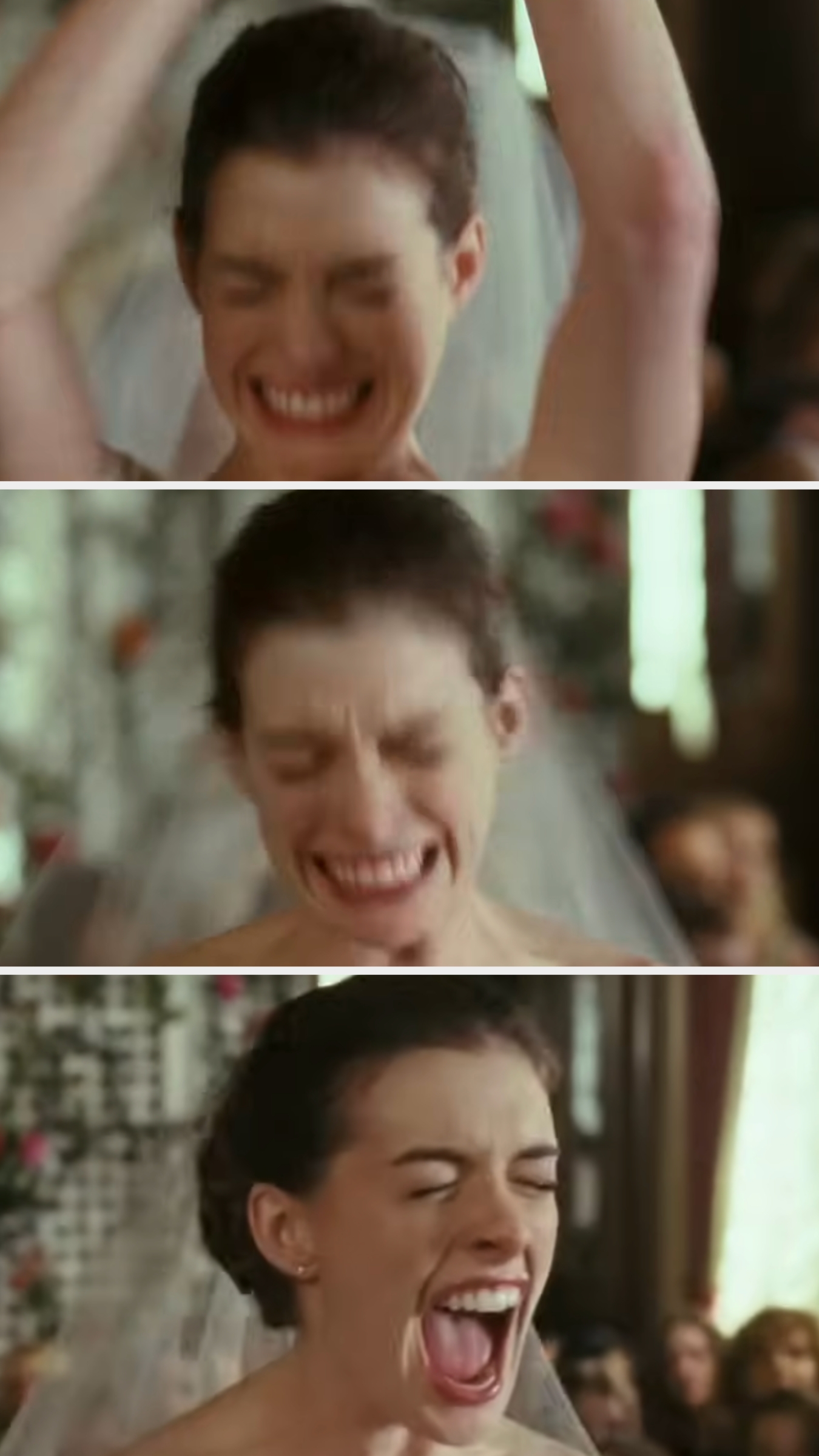 Bride in a wedding dress jubilantly cheers and smiles, conveying excitement and joy in a celebratory moment