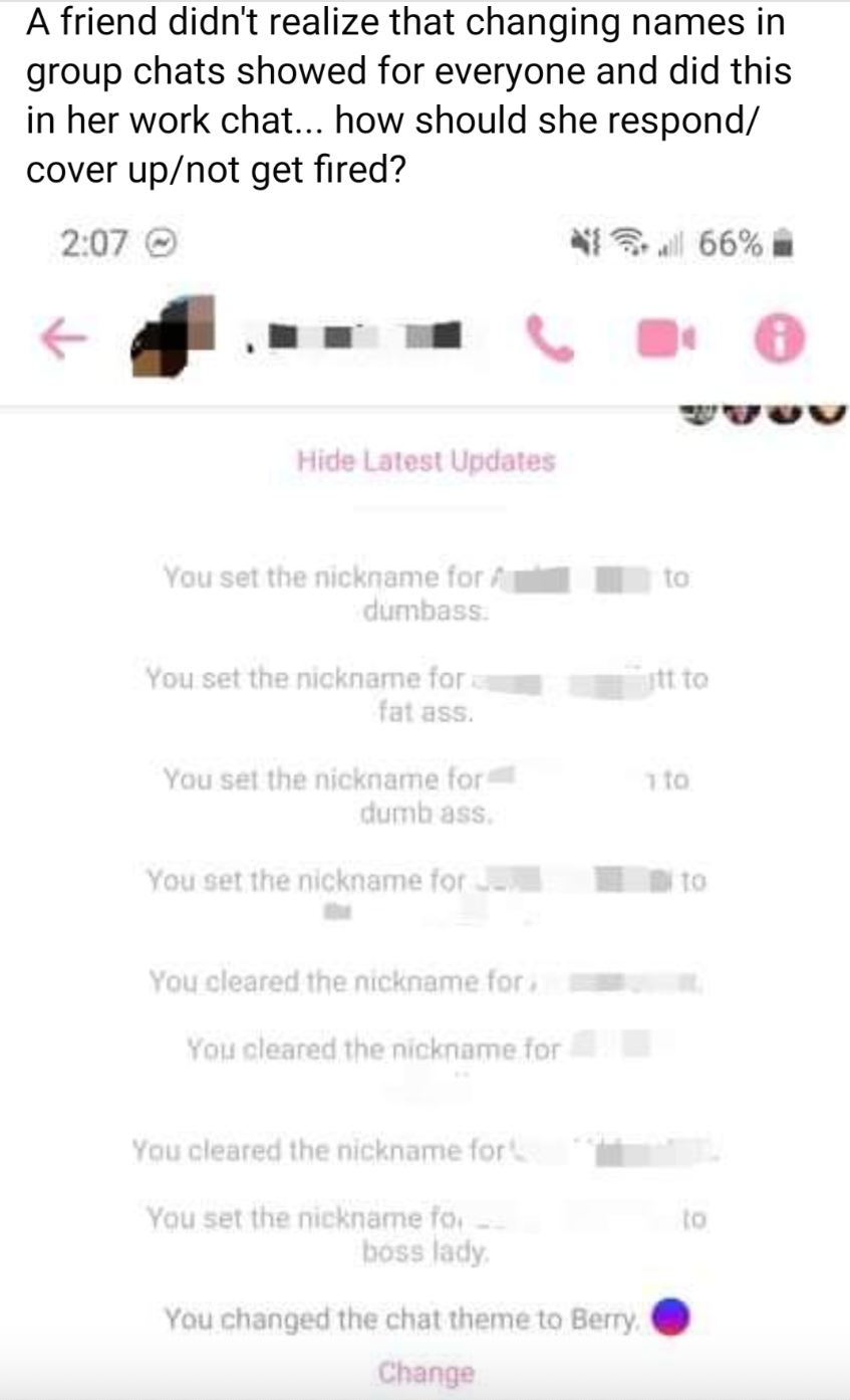 Screenshot of a chat showing a user changing nicknames in a group, with a query about responding to or covering this mistake
