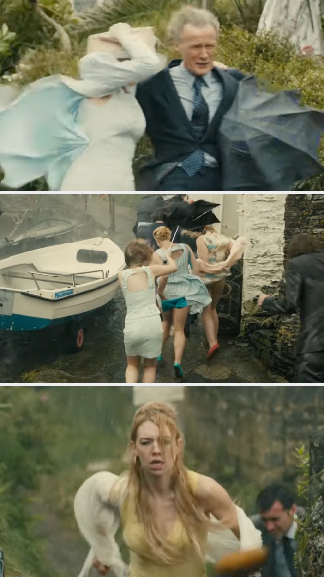 People in formal and party wear run in heavy rain with umbrellas. A boat and building are in the background