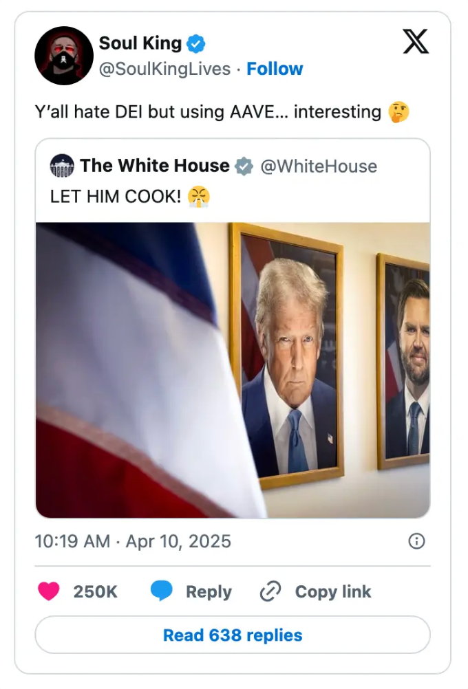 Screenshot of a Twitter post by Soul King commenting on a retweet of a White House tweet featuring a photo of Donald Trump