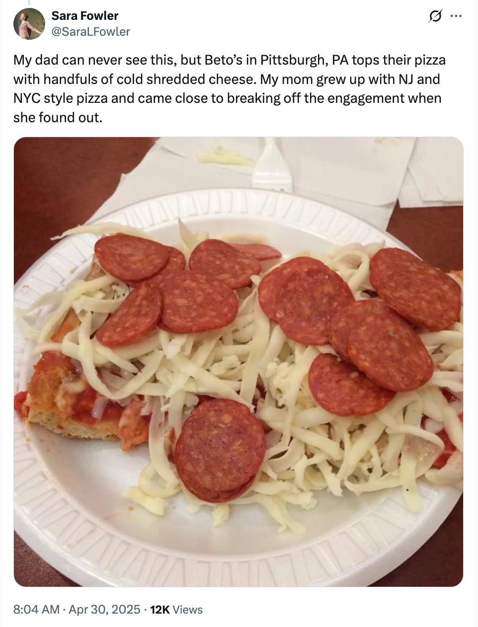 Slice of pizza topped with pepperoni and cold shredded cheese on a paper plate. Tweet about differing pizza styles and family reactions