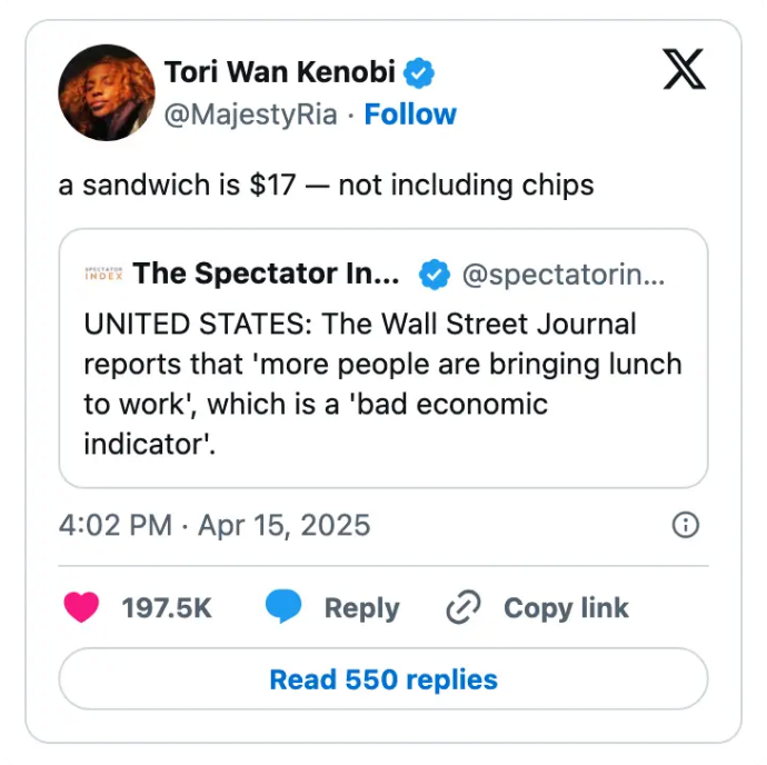 Tweet by Tori Wan Kenobi: &quot;a sandwich is $17 — not including chips&quot; in response to a report on the economic impact of bringing lunch to work