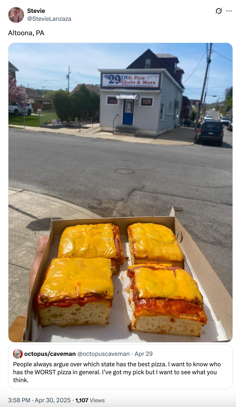 Box of square pizzas with melted cheese on a street setting in front of The Pizza Shop & More in Altoona, PA; tweet discussing pizza opinions