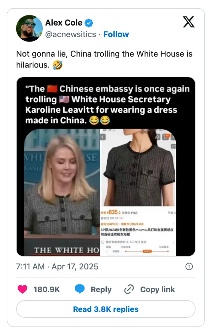 Tweet showing an article about China trolling a U.S. White House Secretary for wearing a China-made dress. Caption comments on humor in the situation
