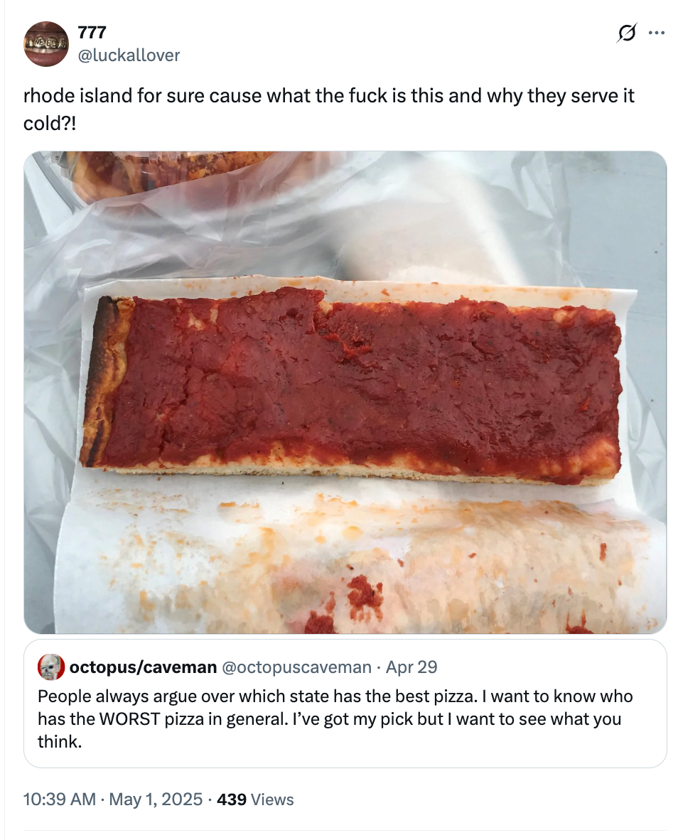 Image of a long, rectangular pizza with tomato sauce, lacking toppings, in a plastic container. A social media post above questions its quality