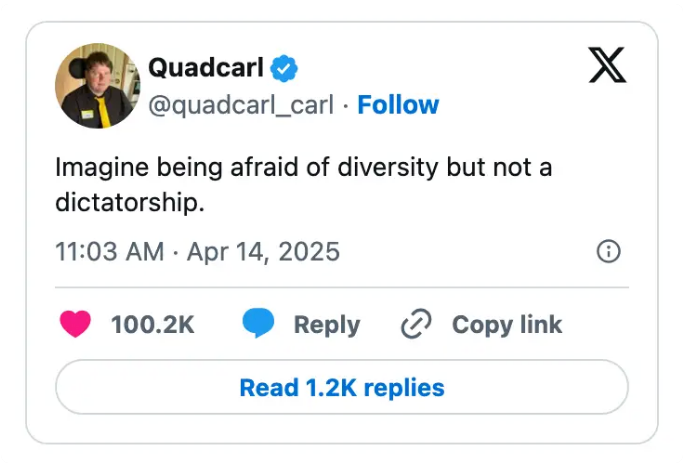 Tweet by @quadcarl_carl reads: &quot;Imagine being afraid of diversity but not a dictatorship.&quot;