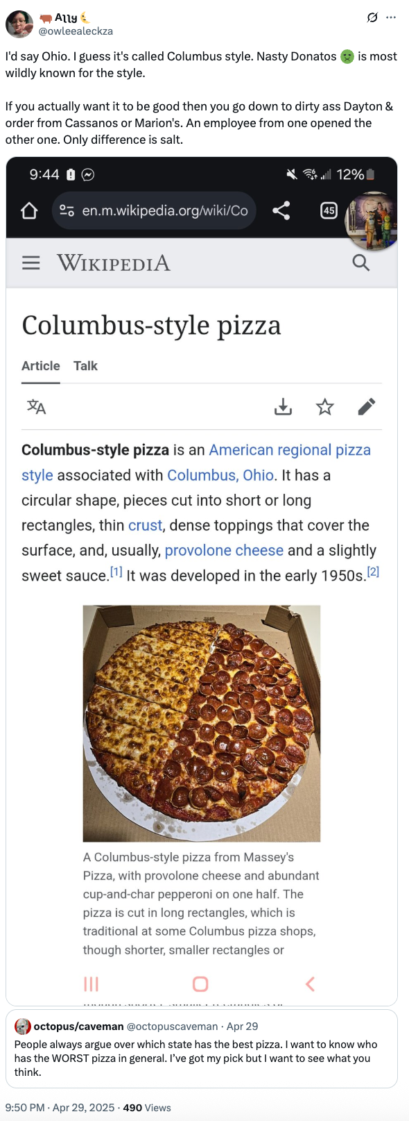 Screenshot discussing Columbus-style pizza, known for its thin crust in squares, popular in Ohio. Includes a Wikipedia snippet and social media comments