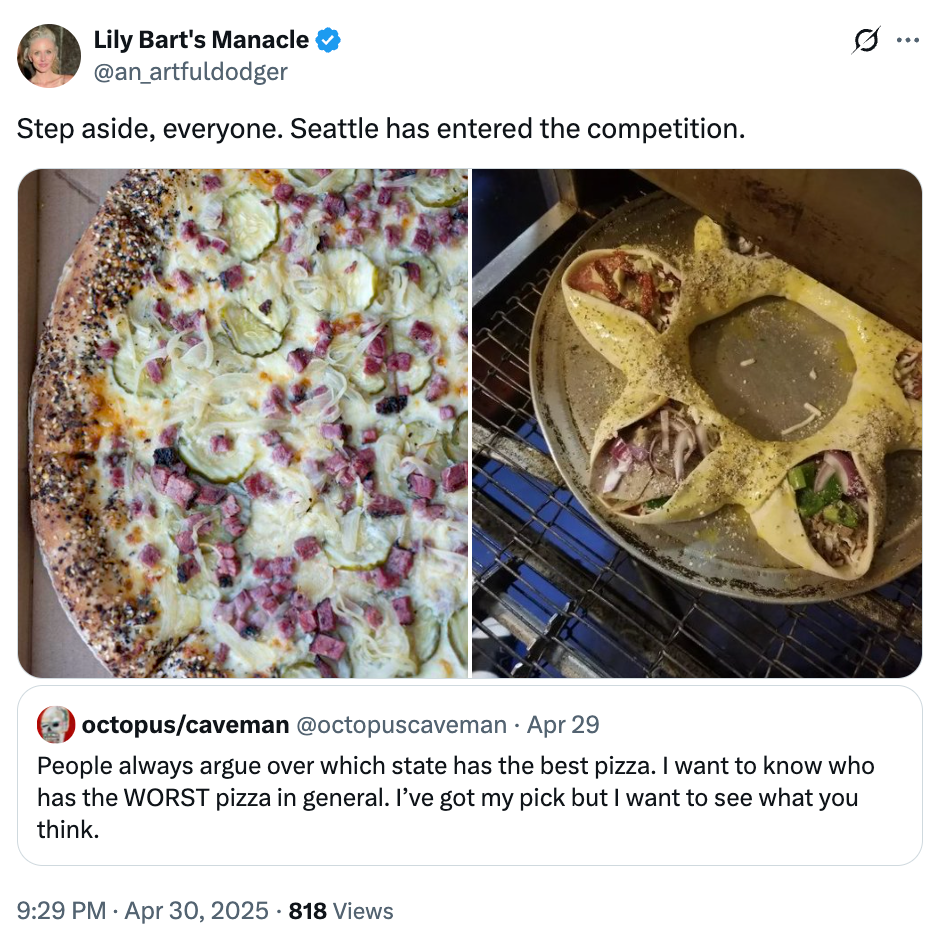 Two unique pizzas, one with star shape and toppings, the other with pickles and mustard, are shown. The tweet humorously suggests Seattle's pizza competition
