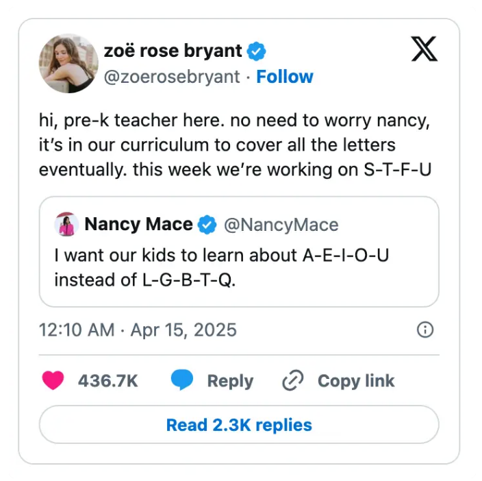Tweet exchange where Nancy Mace suggests kids learn vowels instead of S-T-F-U. Zoë Rose Bryant replies that S-T-F-U will be covered in the curriculum