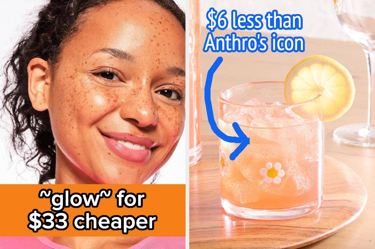 Smiling person with freckles next to a floral glass with pink drink and lemon slice. Text highlights cost savings compared to another brand