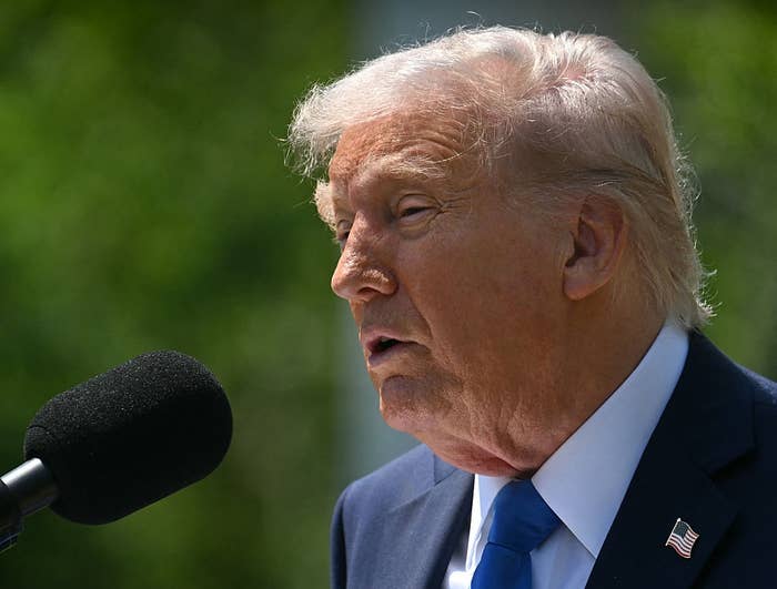 Donald Trump speaks into a microphone outdoors, appearing to address an audience