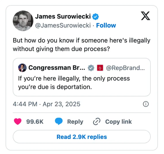 Screenshot of a tweet by James Surowiecki questioning how to know if someone is illegal without due process, quoting another tweet about deportation