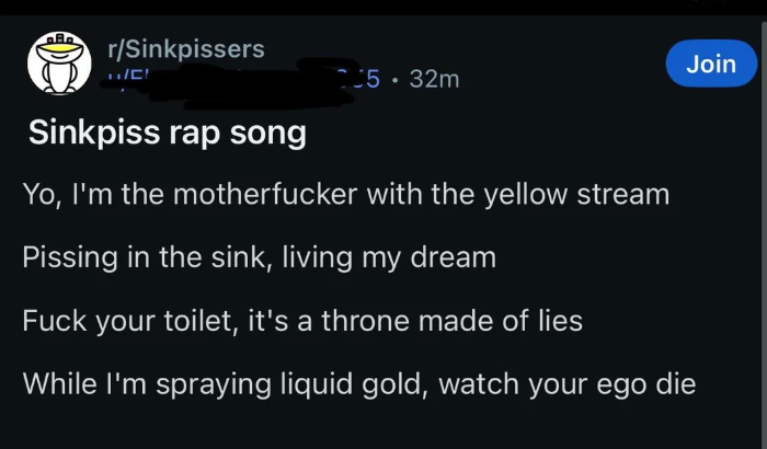 Screenshot of a post with a parody rap song about urination in a sink