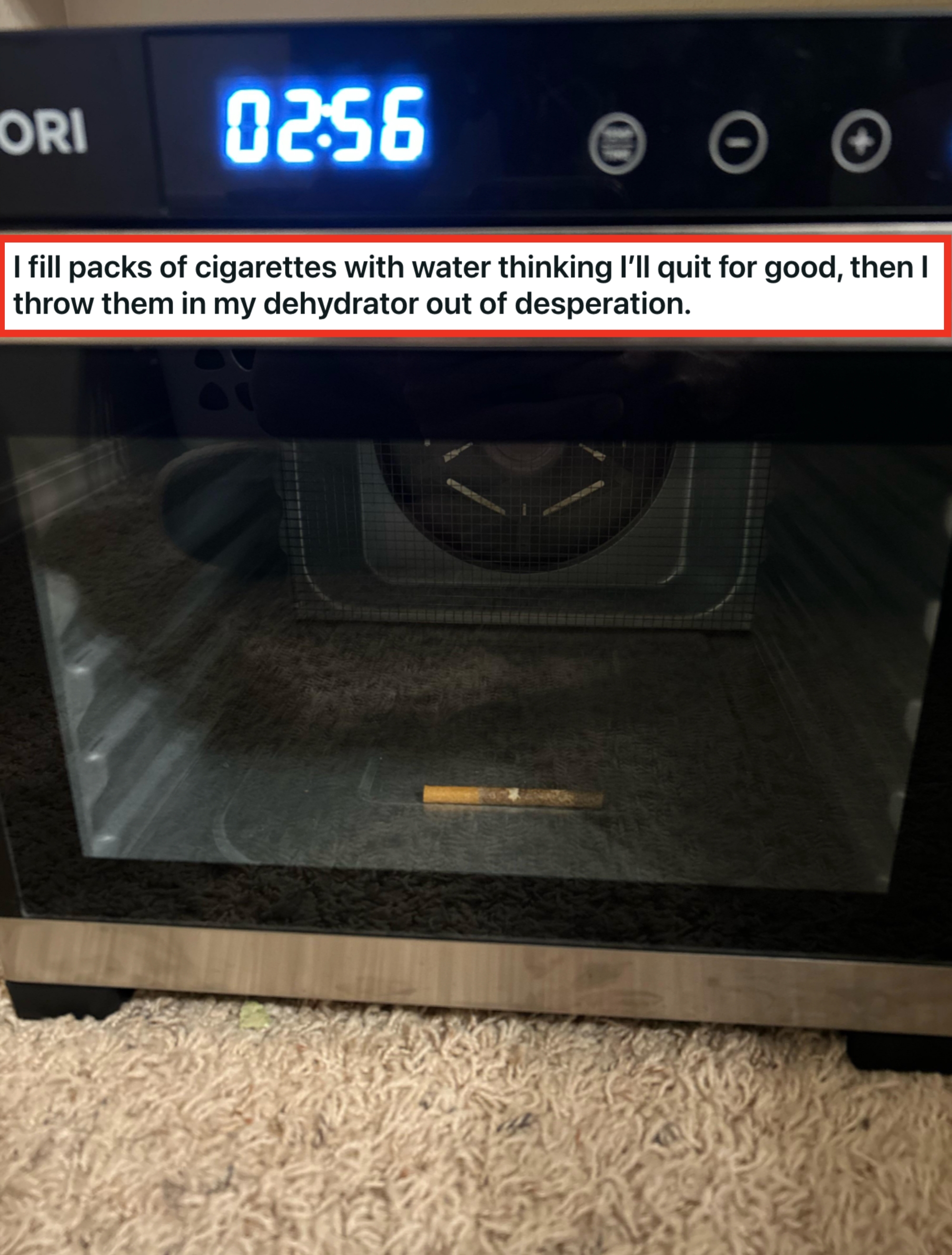 A pencil inside a convection oven with the timer set to 2:56