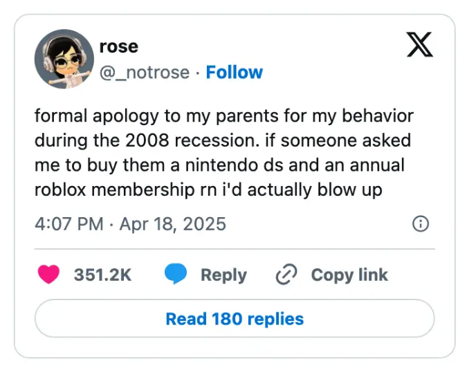 A tweet from user rose humorously apologizing to their parents for recessional behavior, imagining overreacting to similar financial requests today