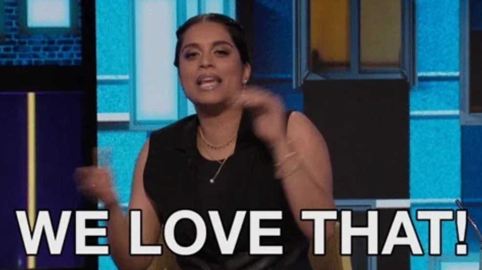 Person with slicked-back hair enthusiastically gestures, surrounded by blue background. Text: "WE LOVE THAT!"